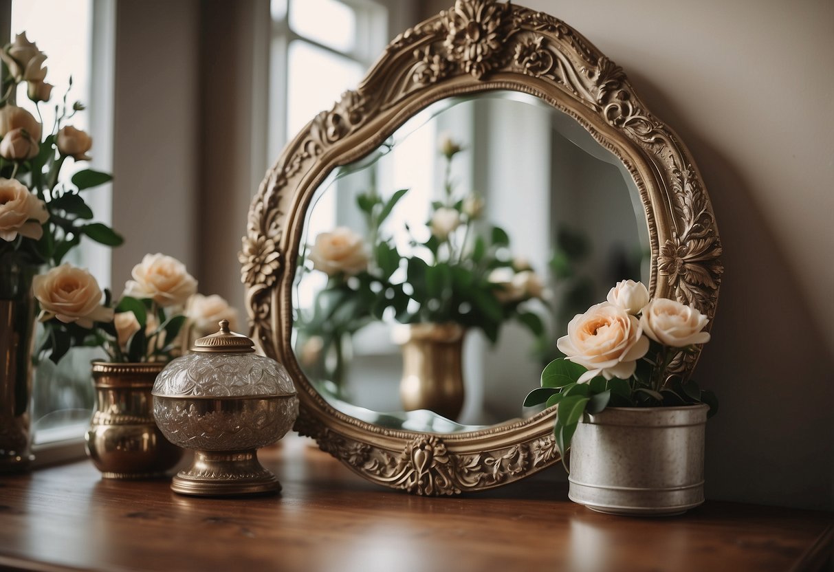 Antique mirrors reflect magnolia home decor, with delicate floral accents and vintage charm