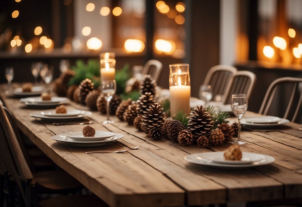 A rustic wooden table adorned with pine cone centerpieces, surrounded by cozy chairs and warm lighting