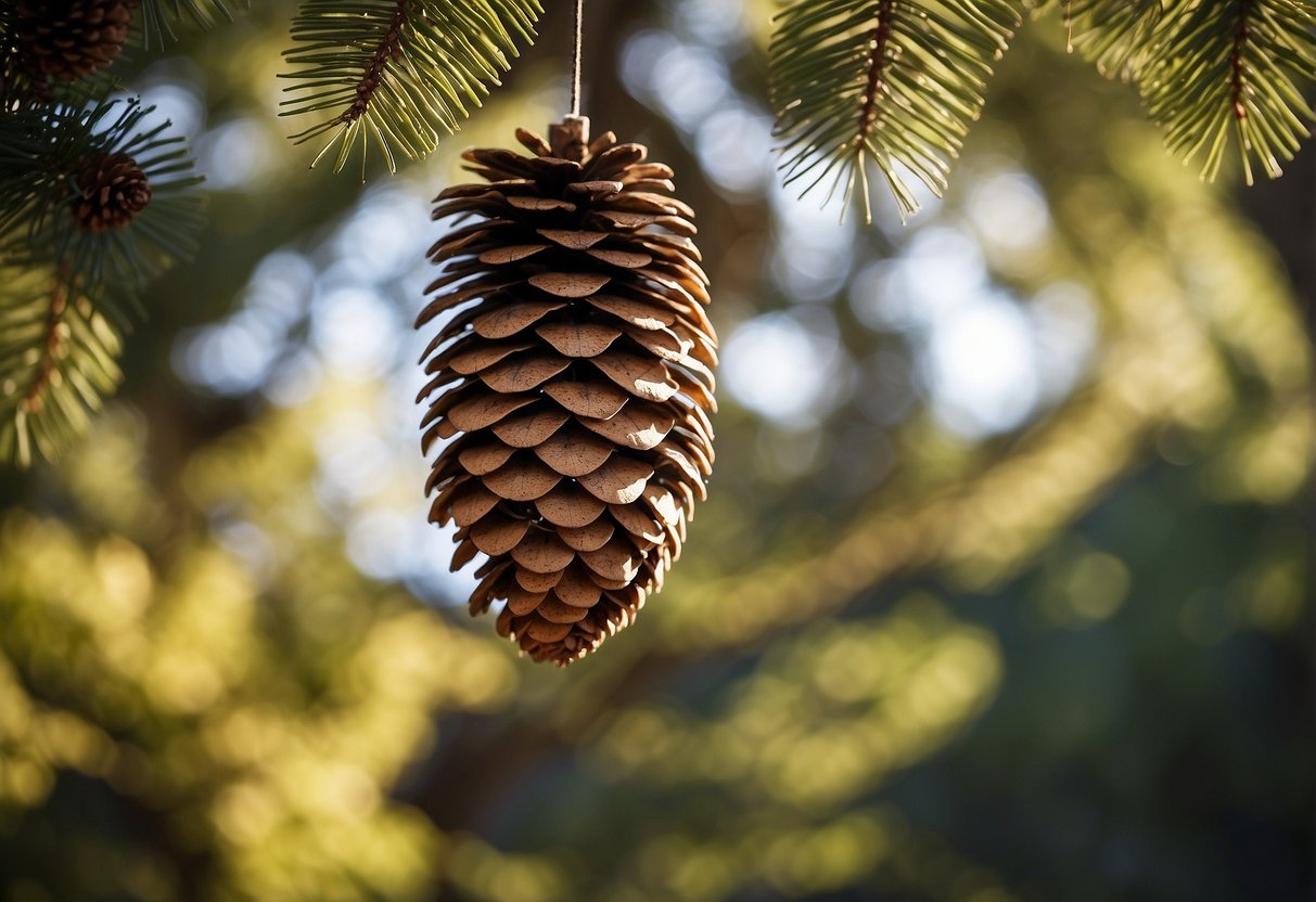 A pine cone bird feeder hangs from a tree branch, surrounded by scattered pine cones. Sunlight filters through the leaves, casting dappled shadows on the ground