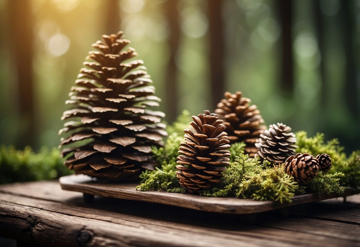 A pine cone topiary tree stands on a wooden table, surrounded by other natural elements like moss and twigs. The pine cones are arranged in a spiral pattern, creating a visually appealing home decor piece