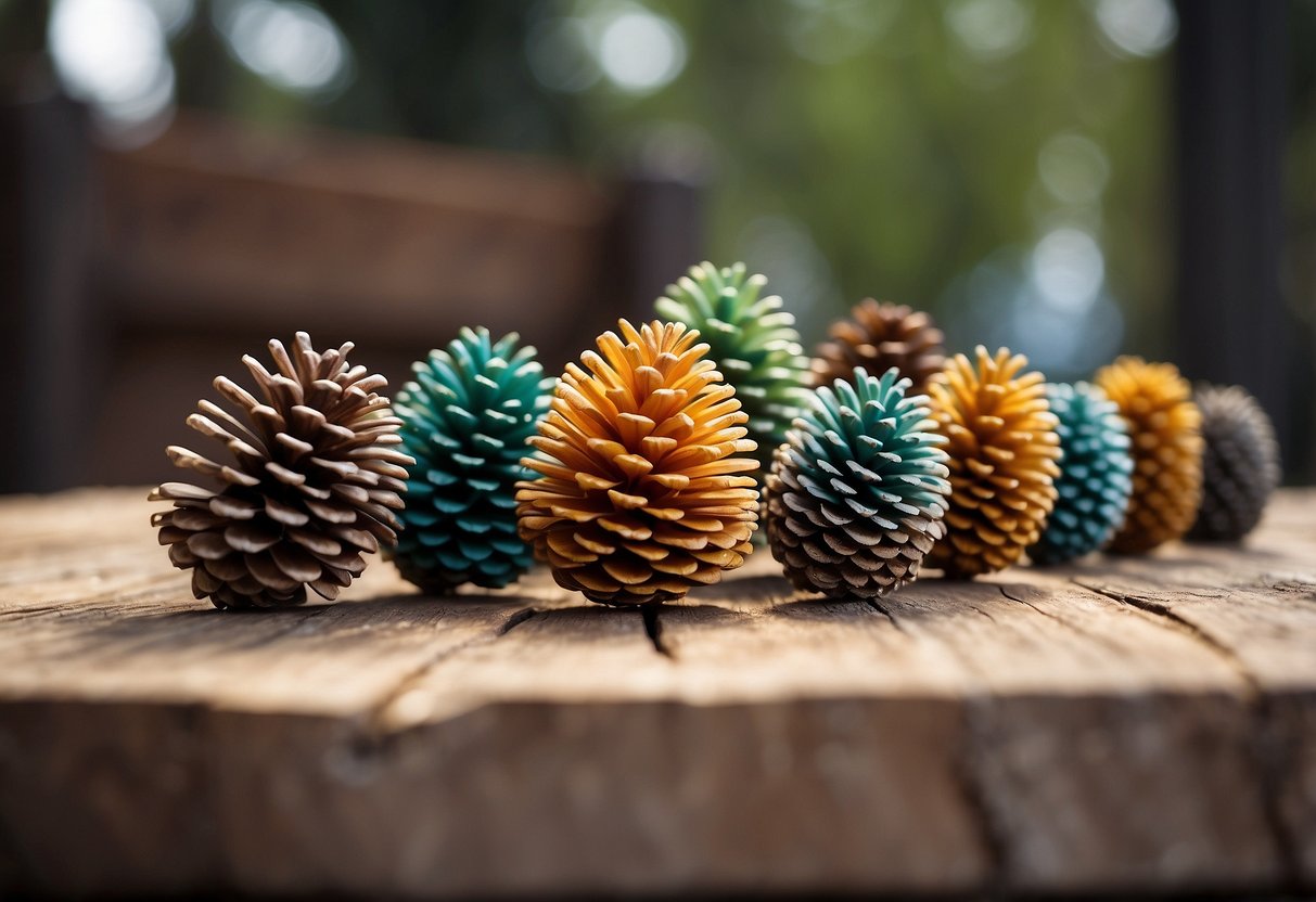 A wooden table adorned with painted pine cones of various sizes and colors, arranged in a decorative display