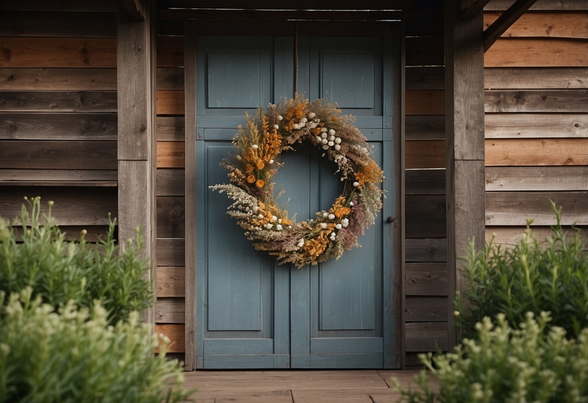 A rustic wooden door adorned with a homemade wreath made of dried flowers, twigs, and ribbon, hanging against a backdrop of a quaint farmhouse