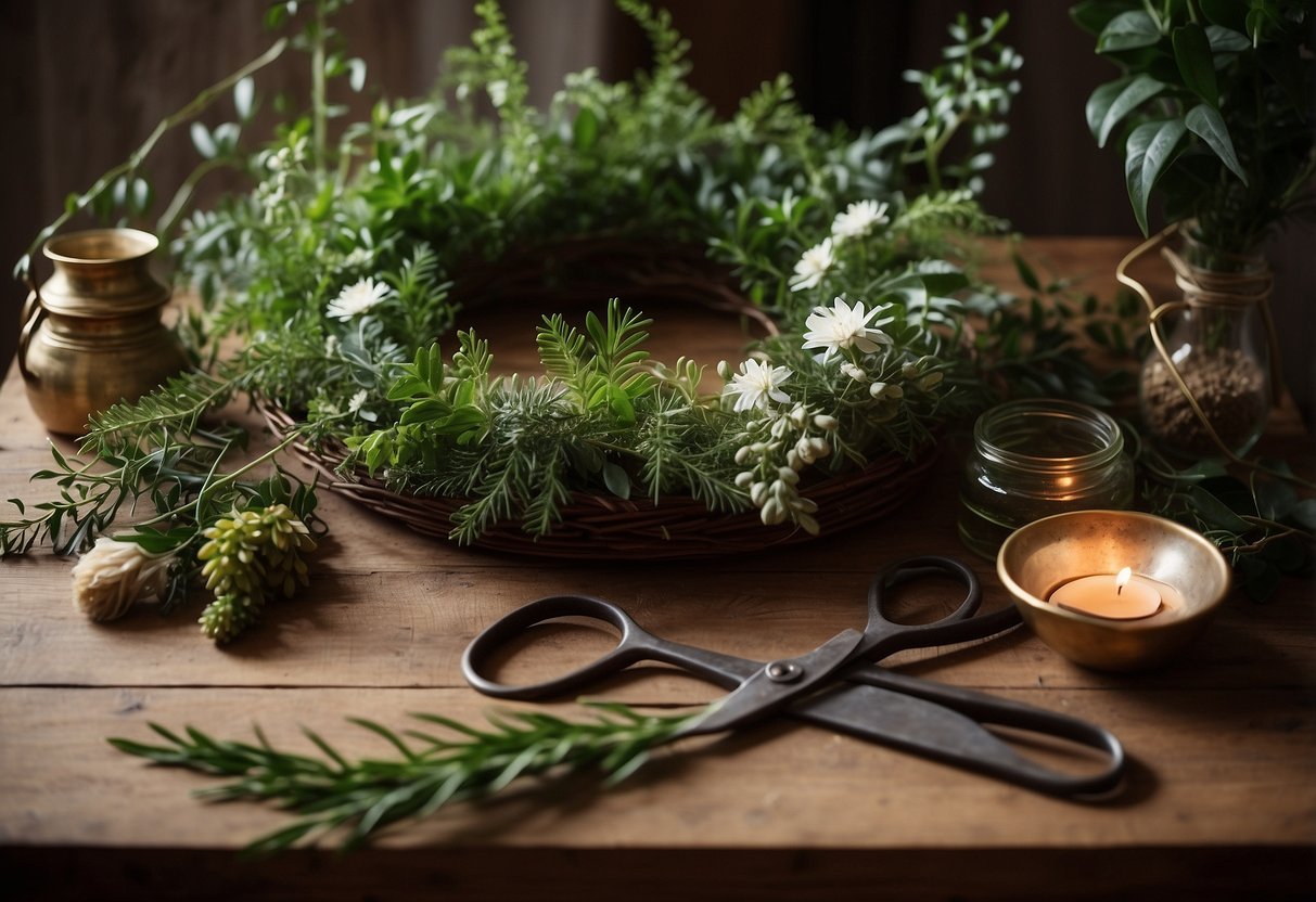 A table with assorted greenery, flowers, and decorative elements. Scissors, wire, and ribbon are nearby. A wreath frame sits ready for assembly