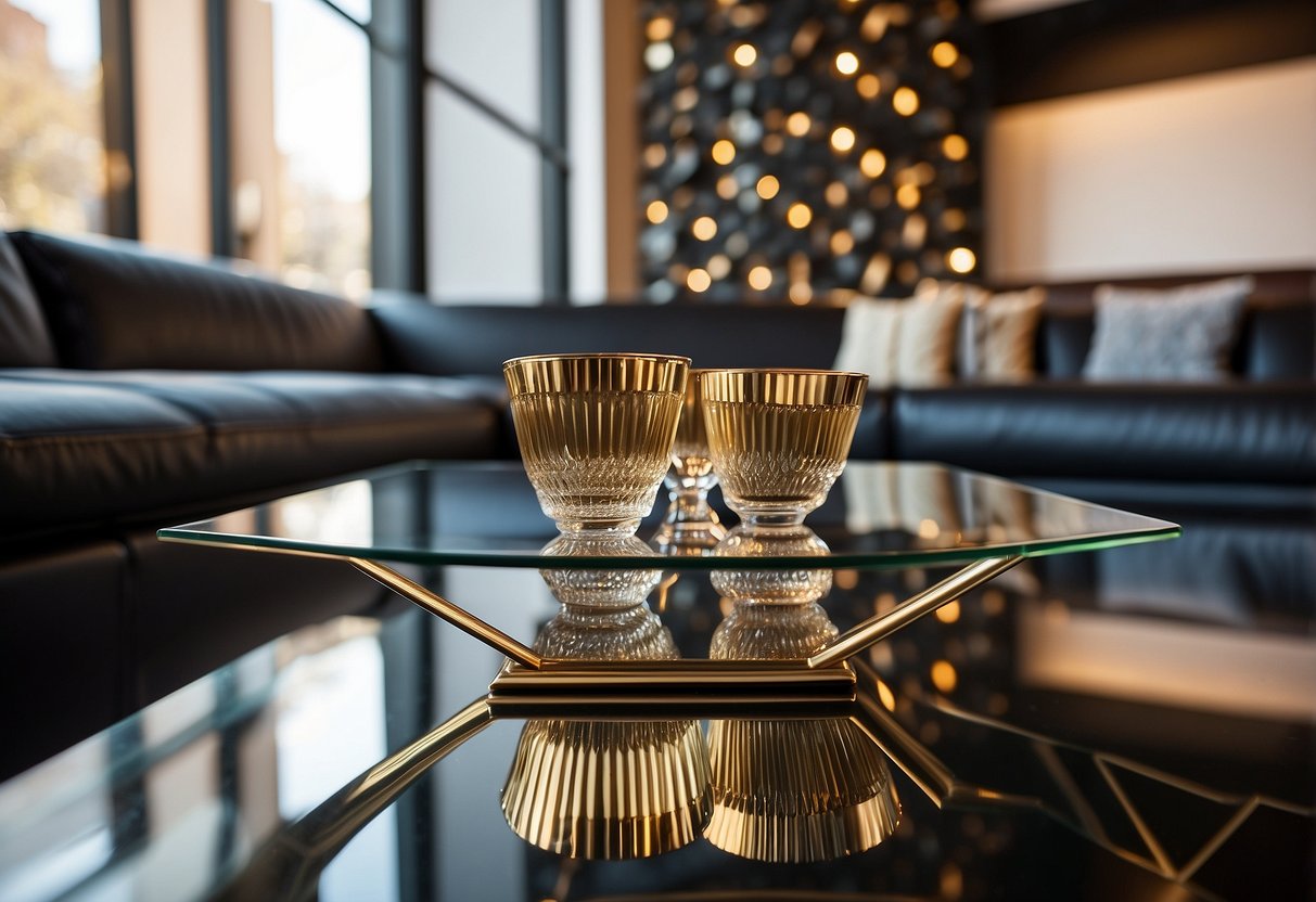 A sleek, geometric coffee table sits in front of a mirrored wall. A bold, angular rug anchors the room, while metallic accents add a touch of glamour