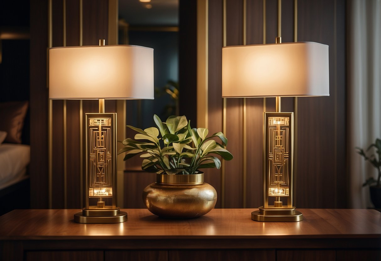 Two vintage brass table lamps illuminate an Art Deco interior. Geometric patterns and sleek lines define the decor, creating a sophisticated and elegant atmosphere