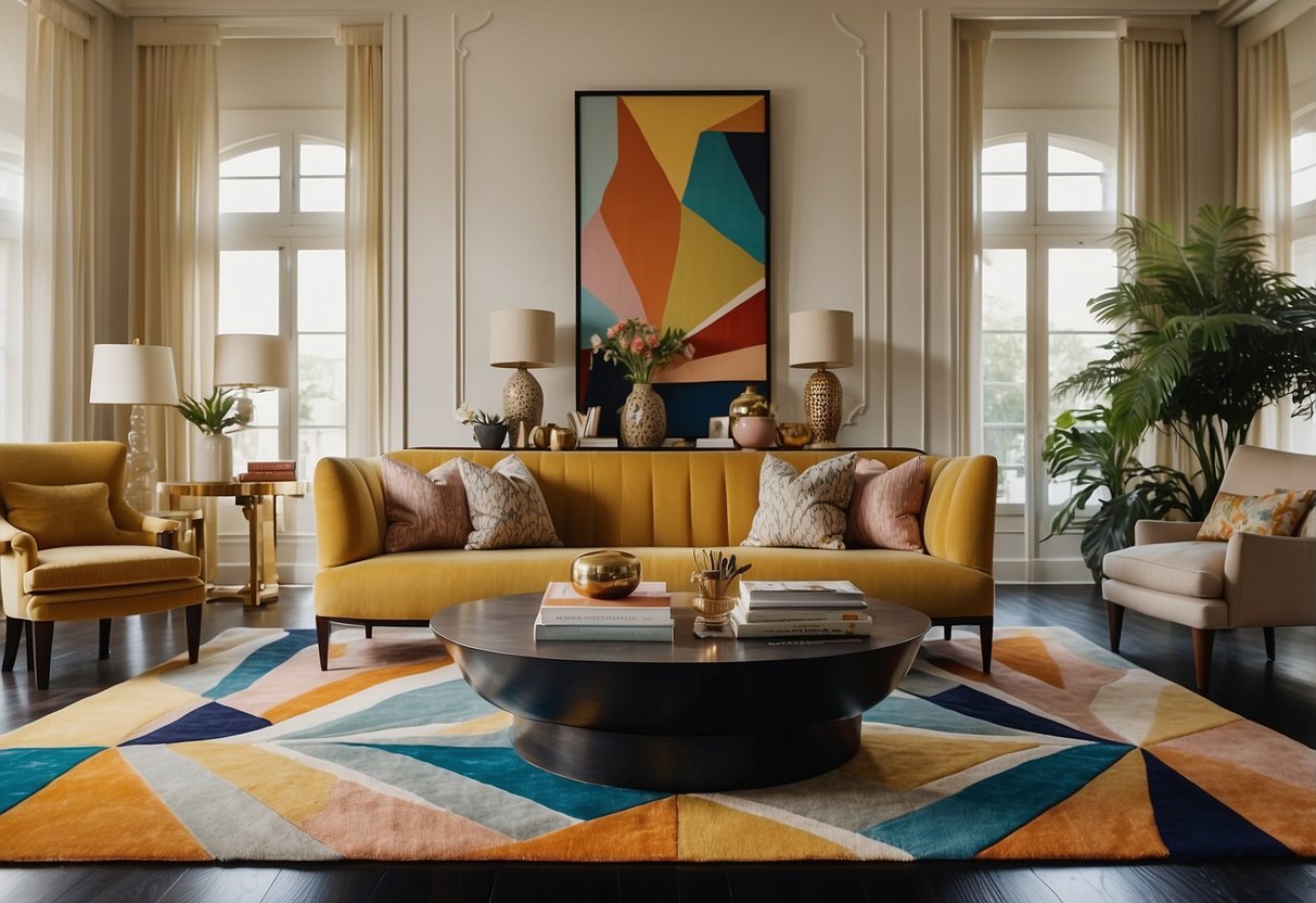 A spacious living room with a large, colorful Chevron pattern area rug as the focal point, surrounded by Art Deco furniture and decor