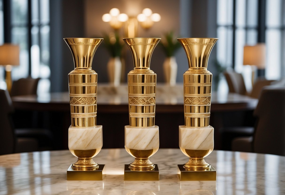 A sleek, geometric Art Deco vase sits on a marble pedestal, flanked by two smaller vases with intricate, angular designs. The vases are made of polished brass, reflecting the soft glow of the room's golden lighting