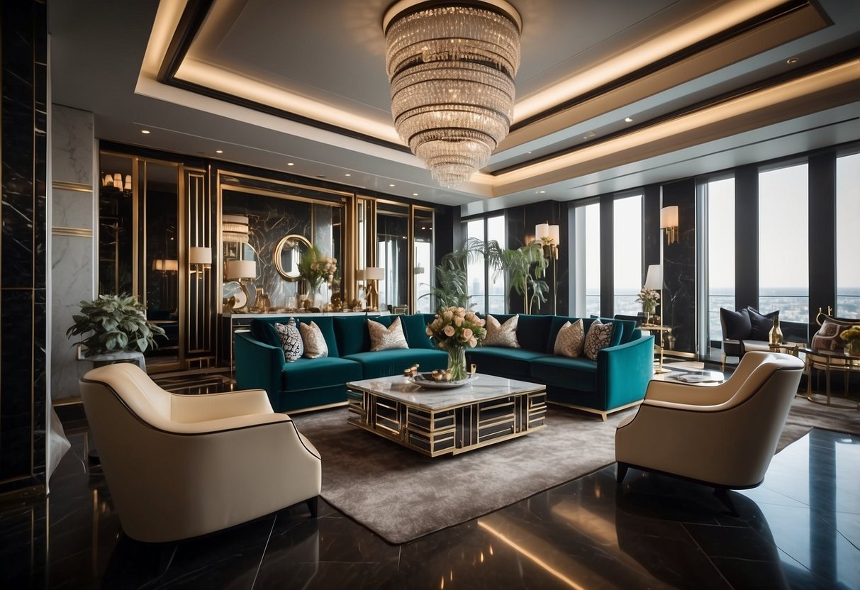 An elegant Art Deco living room with geometric patterns, sleek furniture, and luxurious materials like marble and chrome. Bold colors and symmetrical designs create a sophisticated and glamorous atmosphere