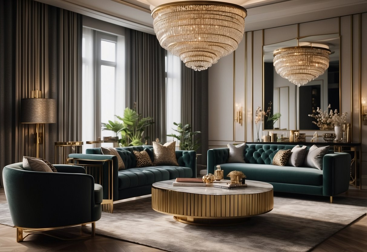 An elegant Art Deco living room with geometric patterns, sleek furniture, and luxurious materials like velvet and marble. A sunburst mirror and a statement chandelier add to the glamorous ambiance