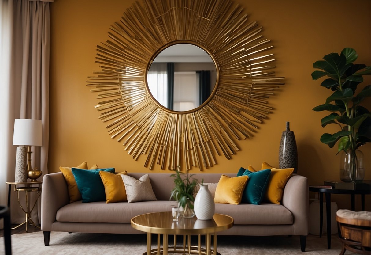 A sunburst mirror hangs above an Art Deco living room, reflecting bold colors and geometric shapes