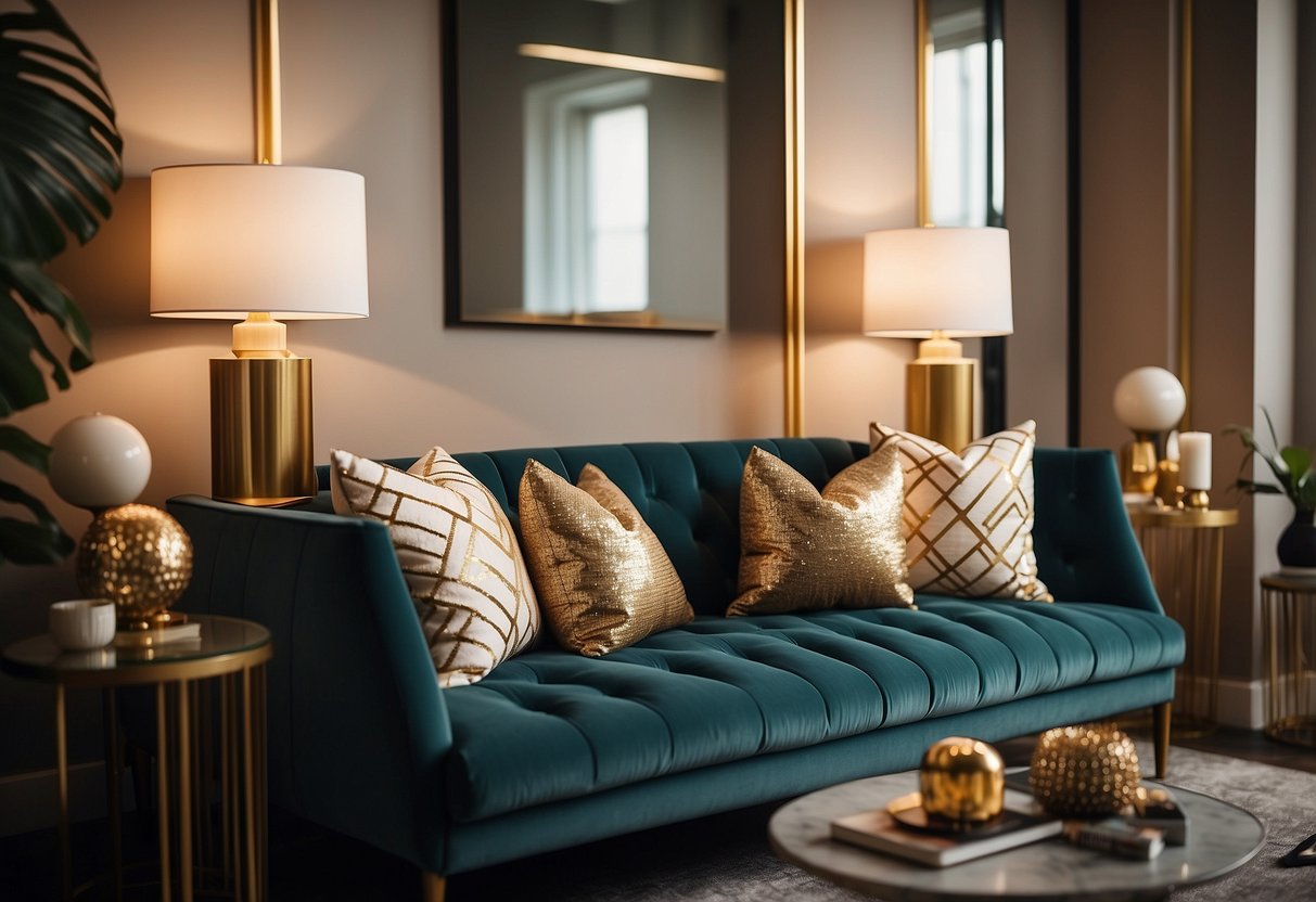 A cozy Art Deco living room with chevron patterned throw pillows on a plush sofa, accented with geometric shapes and gold accents