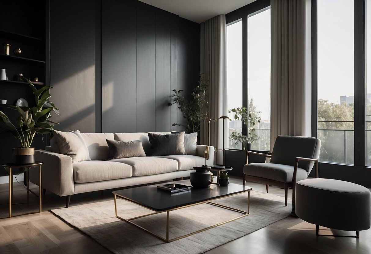 A sleek, modern living room with minimalist furniture and monochromatic color scheme. Clean lines, open space, and minimal clutter give off a sophisticated bachelor vibe