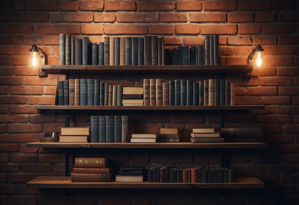 Industrial pipes form shelves against a brick wall, holding books and decor