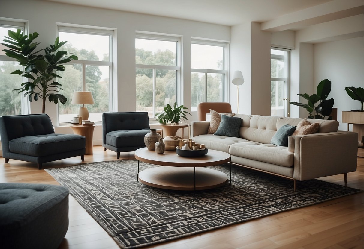 A modern living room with a geometric pattern area rug as the focal point, surrounded by sleek furniture and minimalist decor