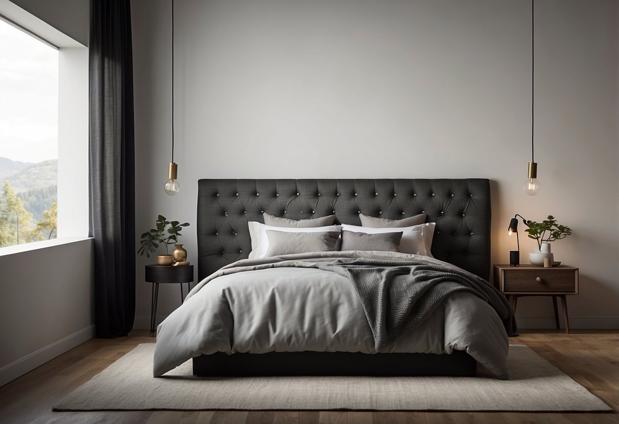 A sleek tufted headboard stands against a minimalist backdrop, accentuating a modern bachelor's home decor