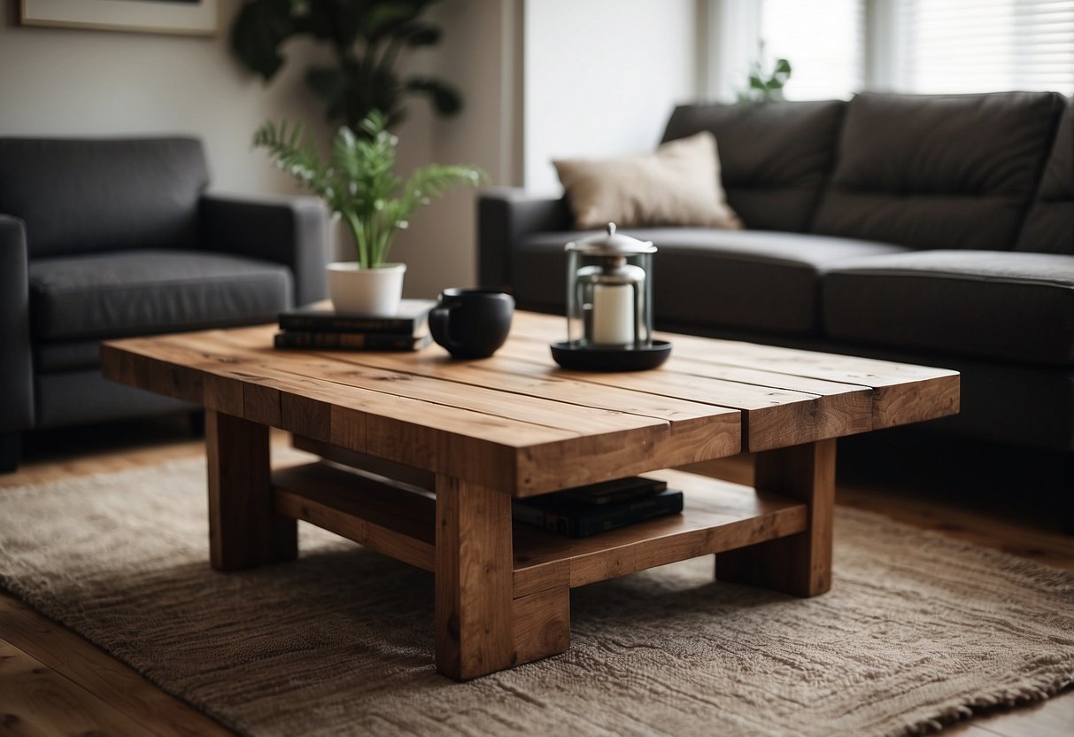 A reclaimed wood coffee table sits in a modern bachelor's living room, surrounded by minimalist decor and a cozy, inviting atmosphere