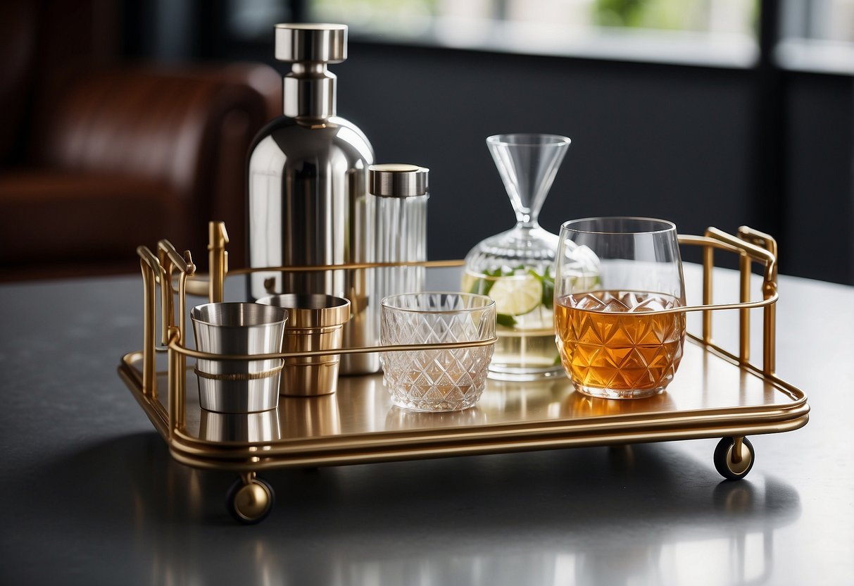 A sleek bar cart with a few carefully arranged bottles, a set of elegant glasses, and a simple cocktail shaker on a clean, modern surface