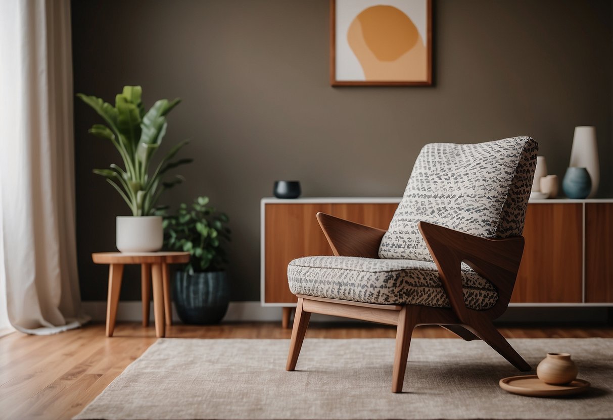 A sleek mid-century modern armchair sits in a minimalist living room, accented with geometric patterns and warm wood tones