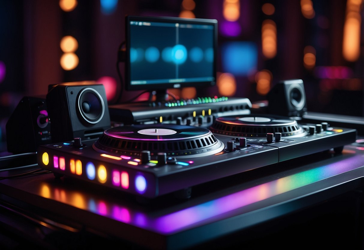 A sleek DJ setup with turntables, mixer, and laptop on a modern desk, surrounded by colorful LED lights and soundproofing panels