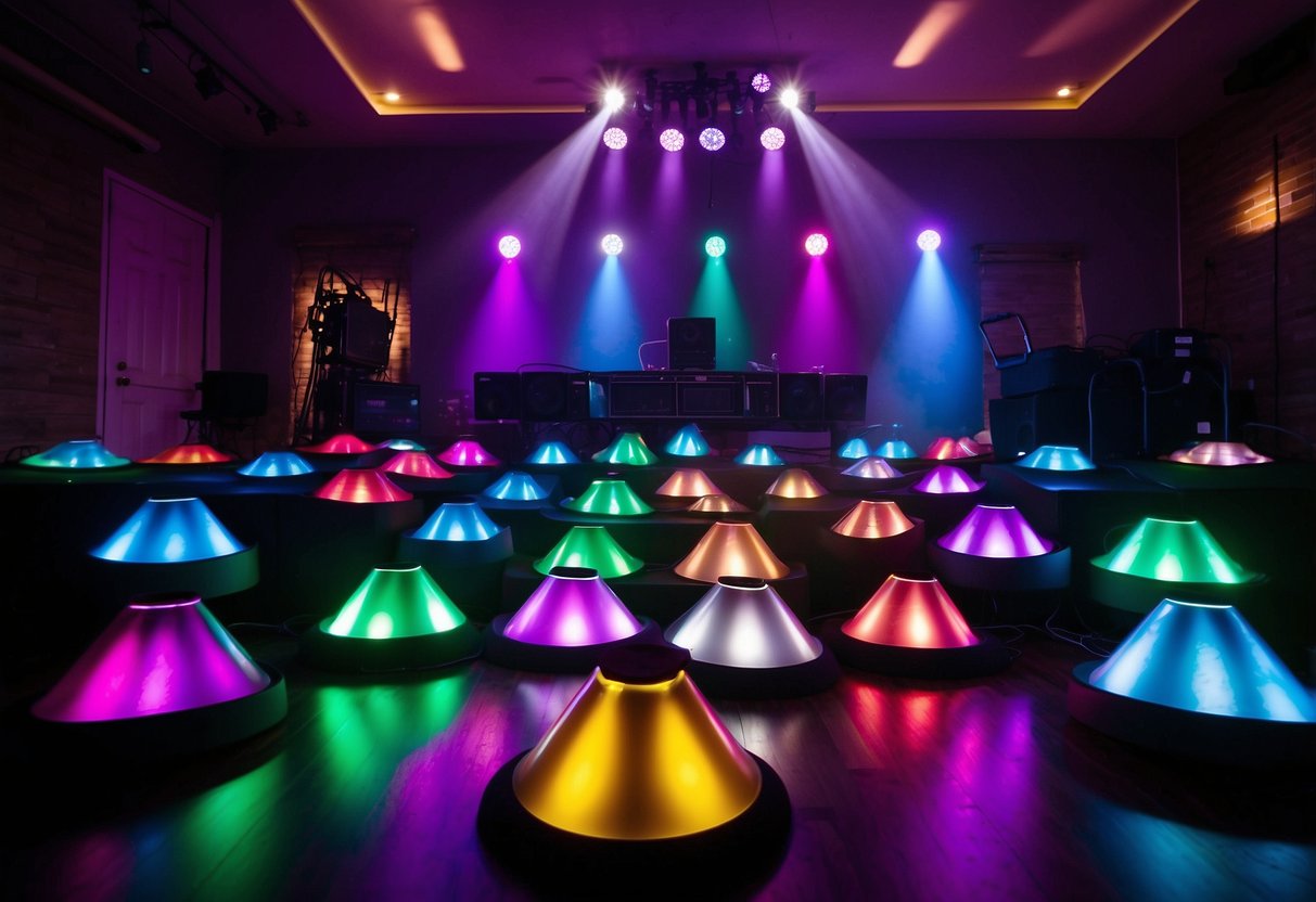 Colorful LED moving head DJ lights illuminate a home setup. Lights are positioned on stands, casting dynamic patterns and beams across the room