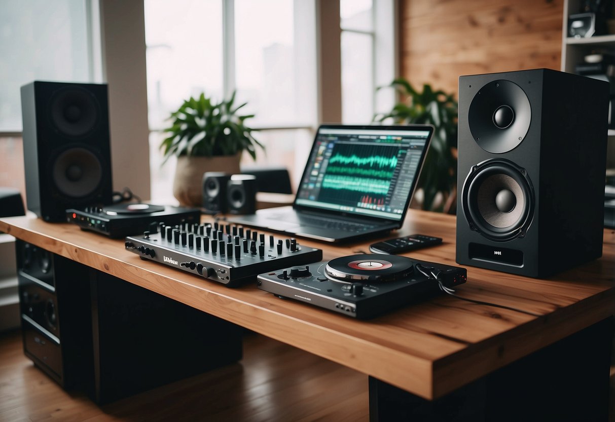 A sleek, organized DJ setup in a cozy home studio, with a clean, clutter-free desk, high-quality speakers, and neatly arranged cables