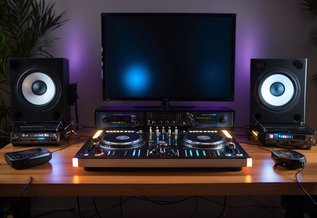 A home DJ setup with a laptop, mixer, and turntables on a desk, surrounded by speakers and mood lighting