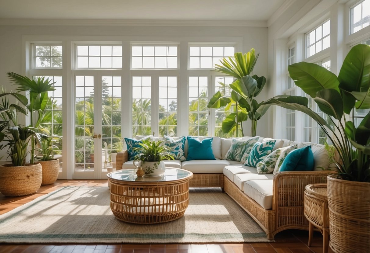 A bright, airy living room with tropical prints, rattan furniture, and pops of vibrant color. Large windows let in plenty of natural light, and potted palm plants add a touch of greenery