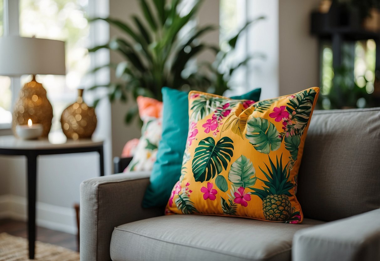 Vibrant tropical throw pillows adorn a cozy Florida living room, adding a pop of color and a touch of exotic flair to the home decor