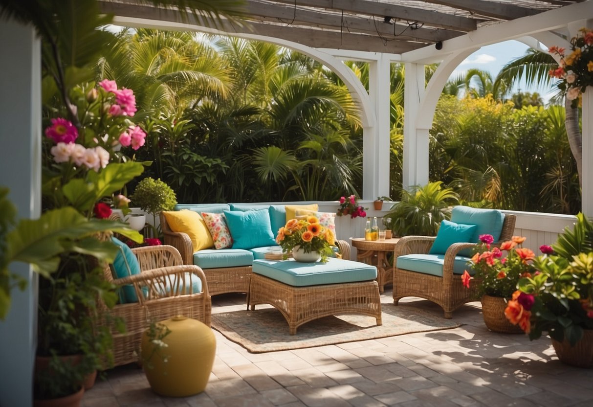 A sunny Florida patio with wicker furniture, surrounded by lush greenery and colorful flowers, creating a cozy and inviting outdoor space