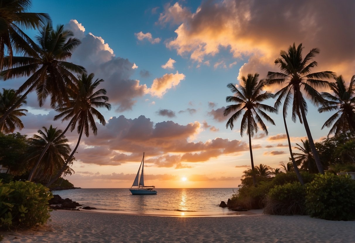 A serene beach scene with palm trees, a sailboat on the water, and a colorful sunset sky