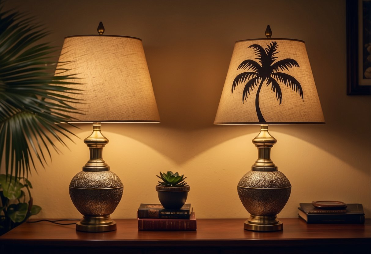 Two palm tree table lamps illuminate a cozy Florida home decor scene