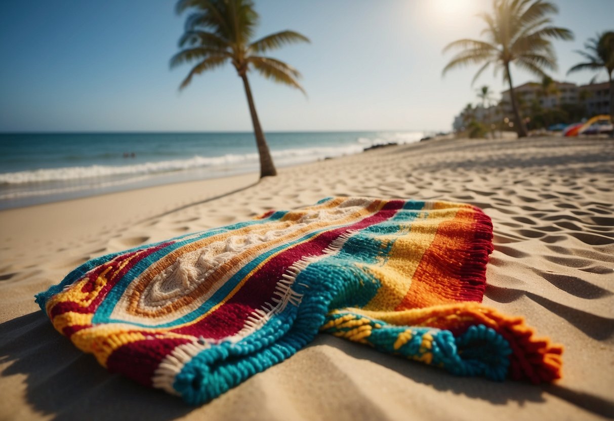 A sandy beach with gently rolling waves, palm trees swaying in the breeze, and colorful beach-inspired rugs scattered on the warm sand