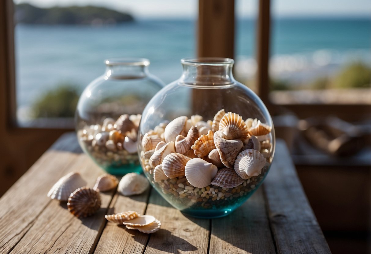 A glass vase filled with colorful seashells sits on a weathered wooden table, surrounded by nautical-themed decor and a view of the ocean through the window