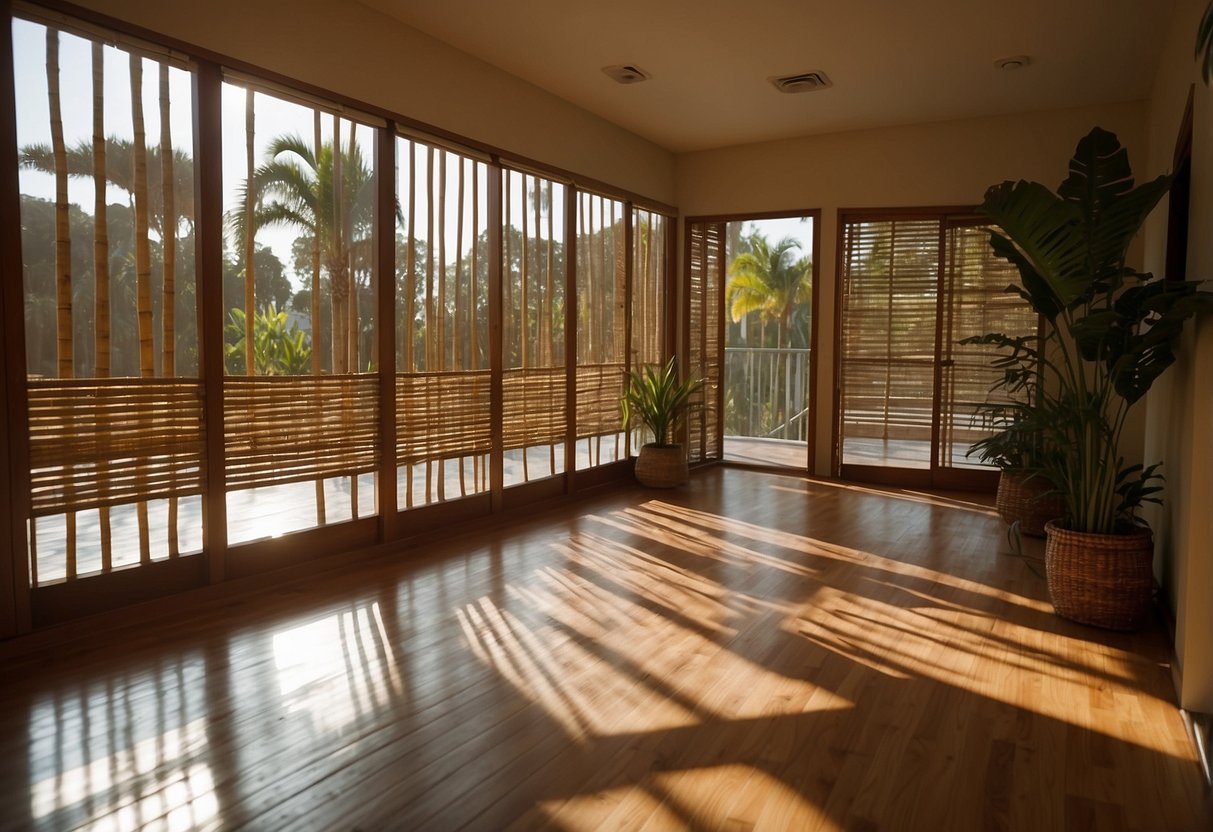 A sunny Florida room with bamboo blinds, casting beautiful patterns of light and shadow on the floor and walls