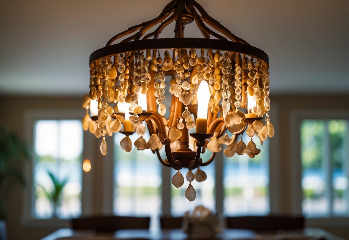 A coastal chandelier hangs above a dining table, surrounded by shell and driftwood decor in a Florida home