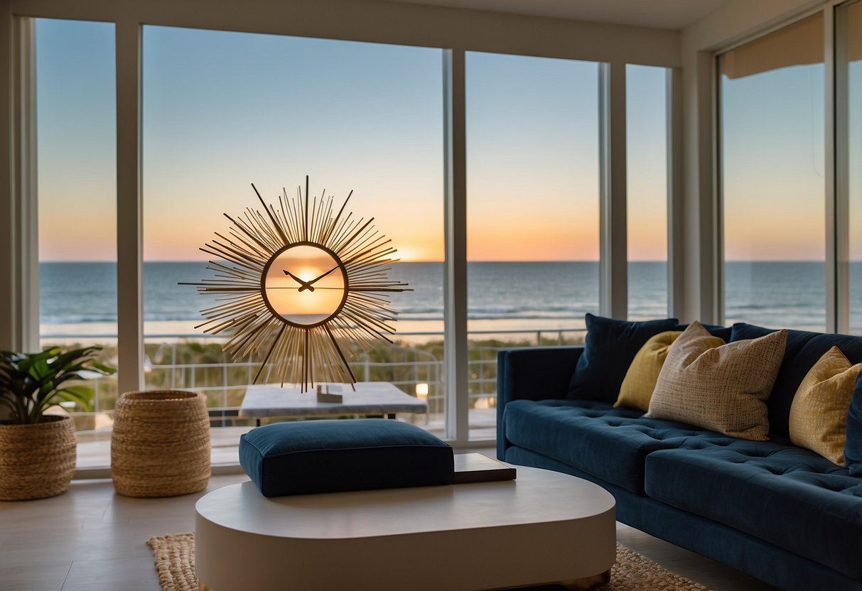 A sunburst wall clock hangs above a modern, coastal-inspired living room in Florida. The clock's golden rays radiate outwards, adding a touch of warmth and elegance to the space