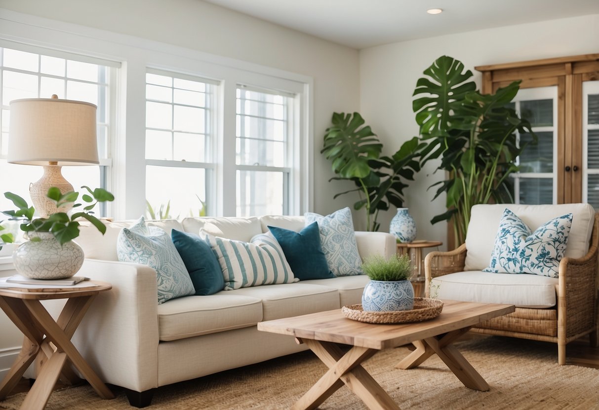 A bright, airy living room with coastal accents, featuring light-colored furniture, natural textures, and pops of blue and green accents