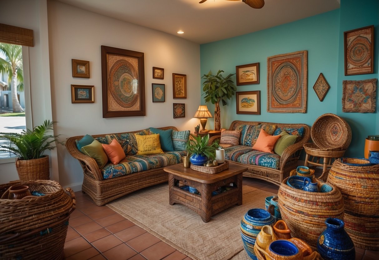 A cozy living room with handcrafted pottery, woven baskets, and colorful paintings on the walls, showcasing the beauty of Florida's local art and crafts