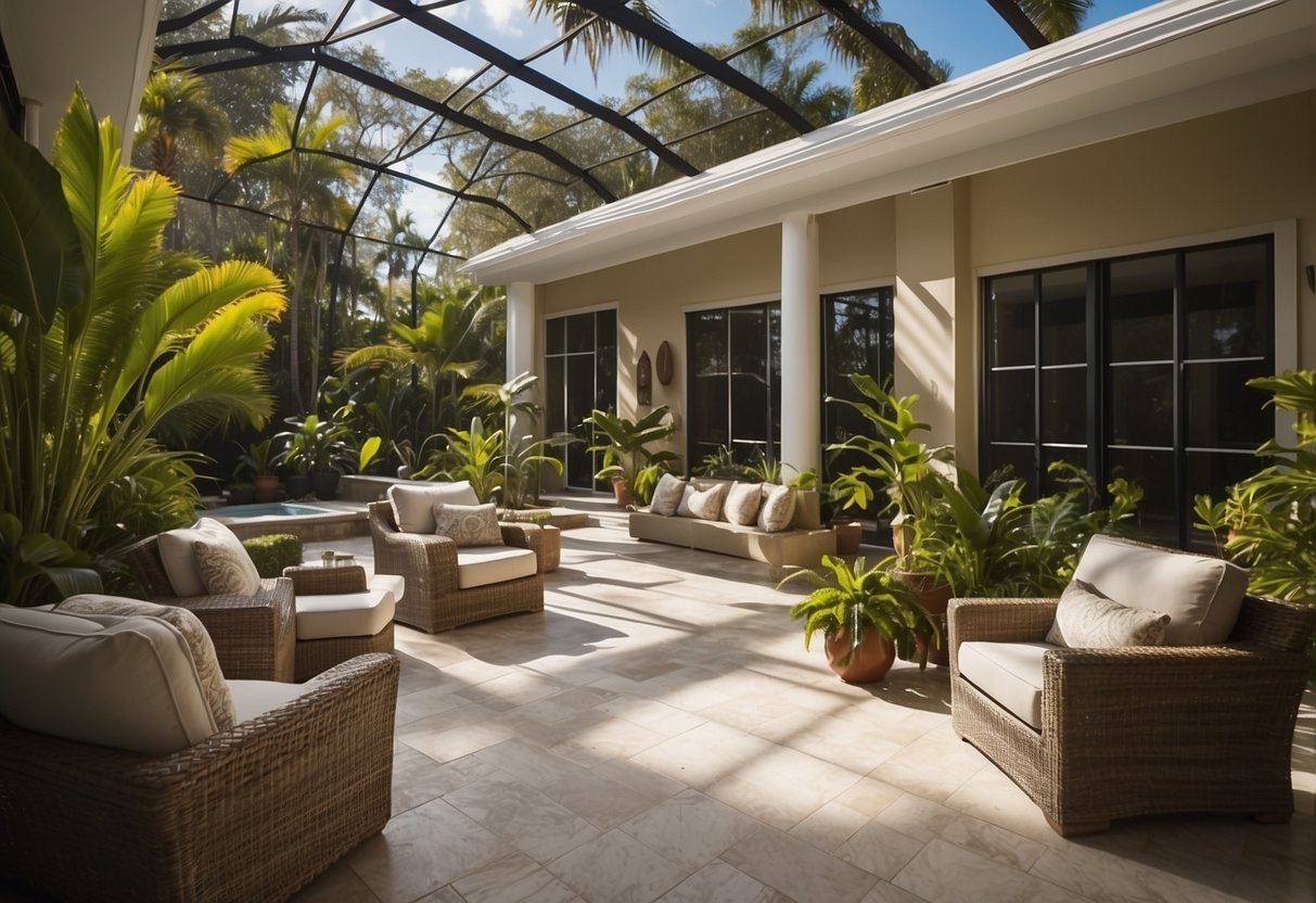 A spacious Florida home with open doors, seamlessly blending indoor and outdoor living spaces. Lush greenery and comfortable seating create a welcoming atmosphere