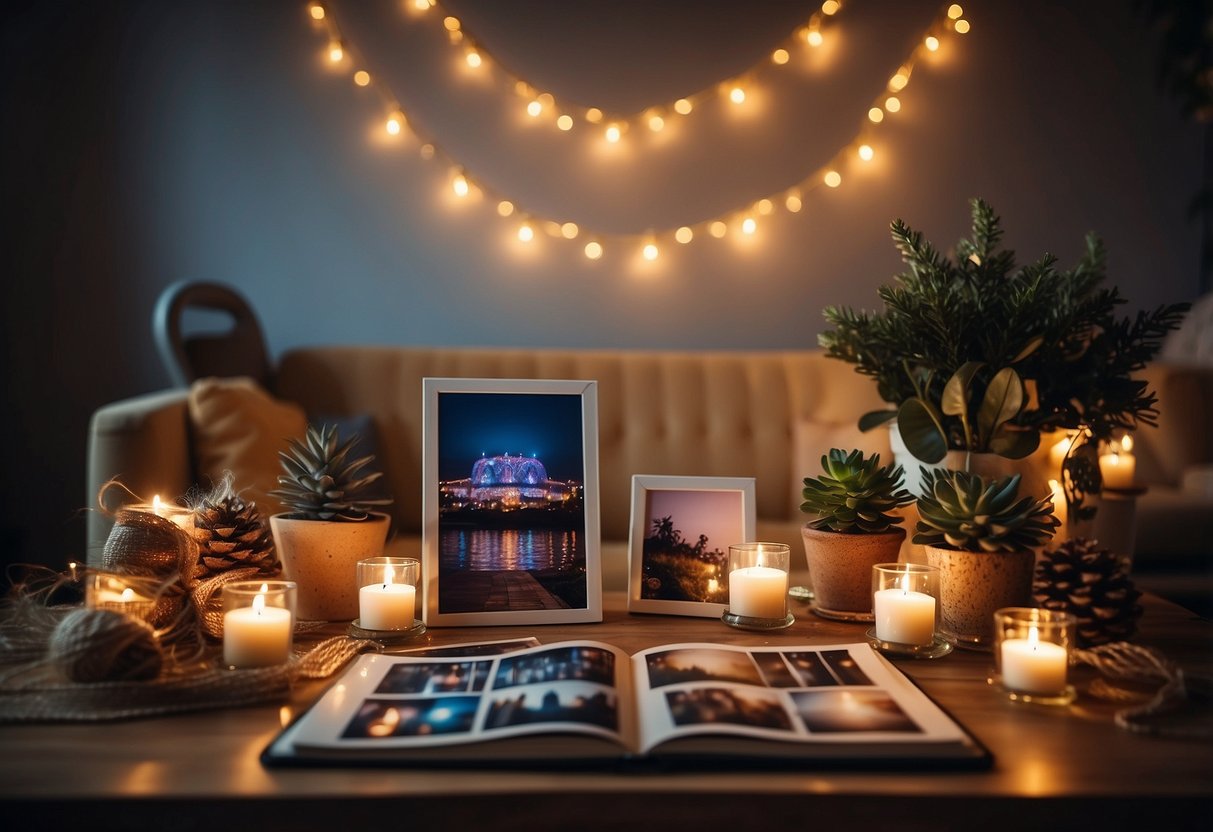 A table with various photo display ideas: string lights, polaroids, frames, and a photo album. Bright colors and festive decorations fill the room