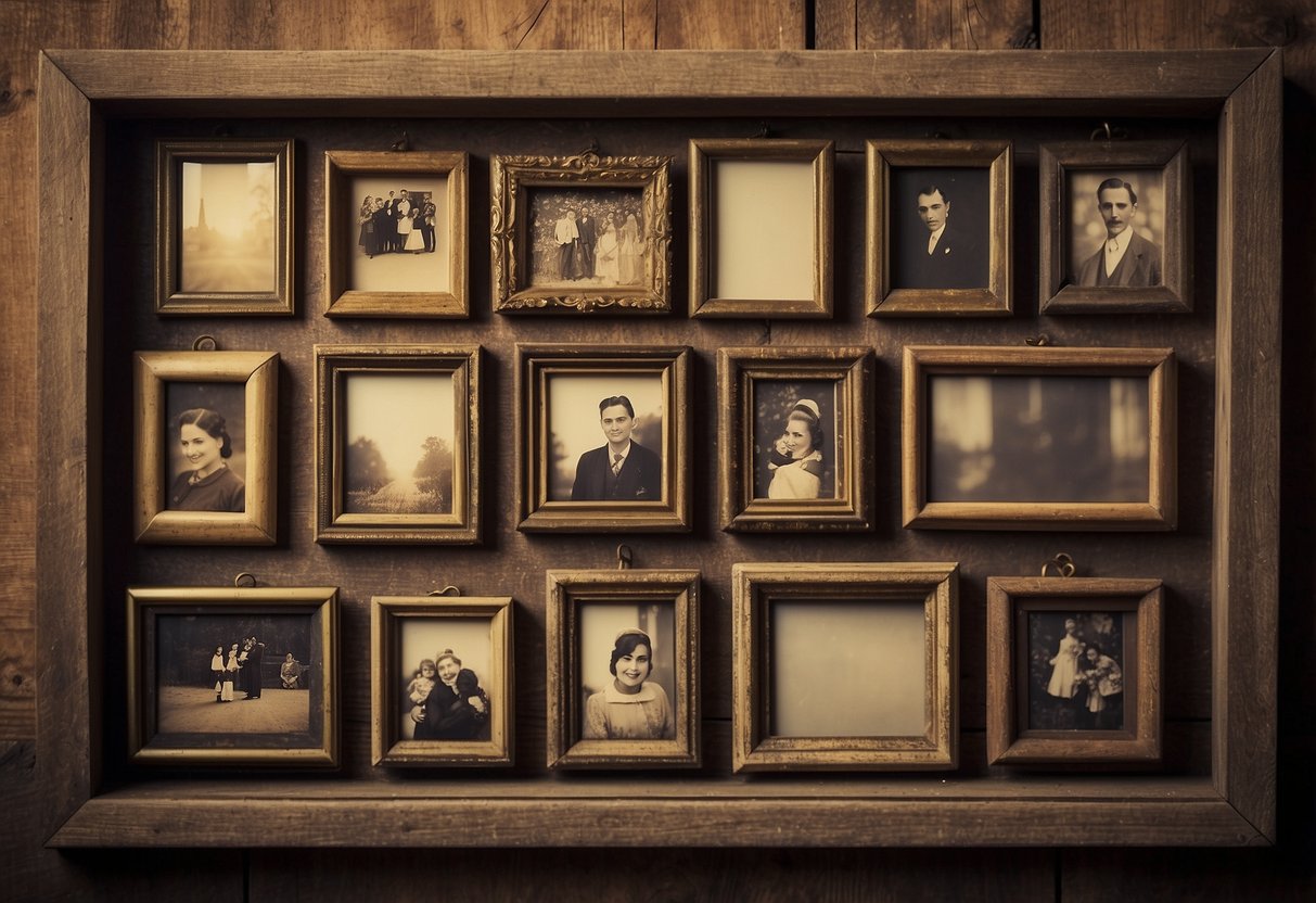 A vintage window photo frame hangs on a weathered wall, displaying old family photos. Soft light filters through the glass, casting a warm glow on the images