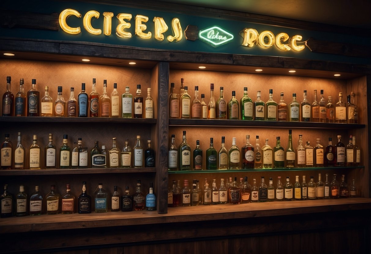 A wall adorned with shelves of vintage liquor bottles, framed cocktail recipes, and a neon sign with the words "Cheers" in cursive script