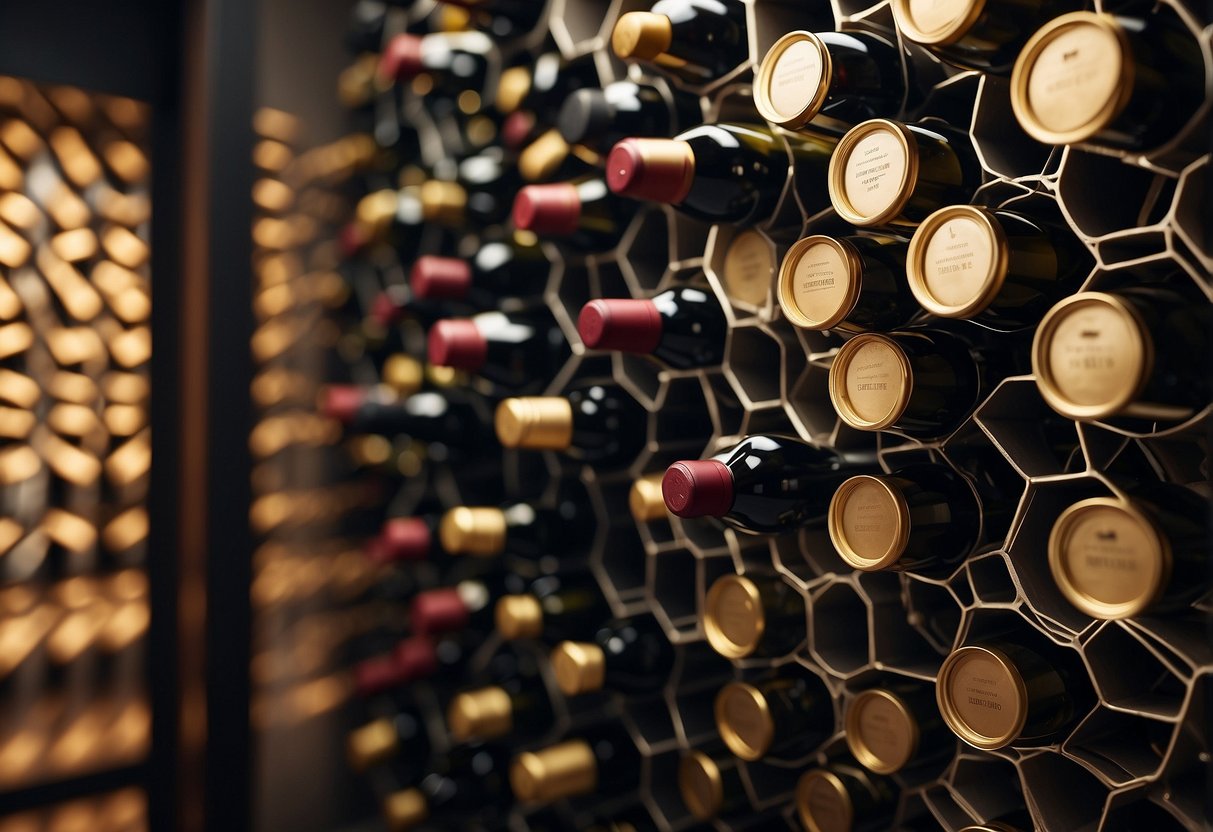 A sleek, modern wine rack mounted on a geometric-patterned wall, showcasing a collection of wine bottles