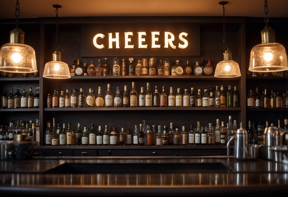 A metal 'Cheers' sign hangs above a well-stocked home bar, surrounded by shelves of liquor bottles and glassware