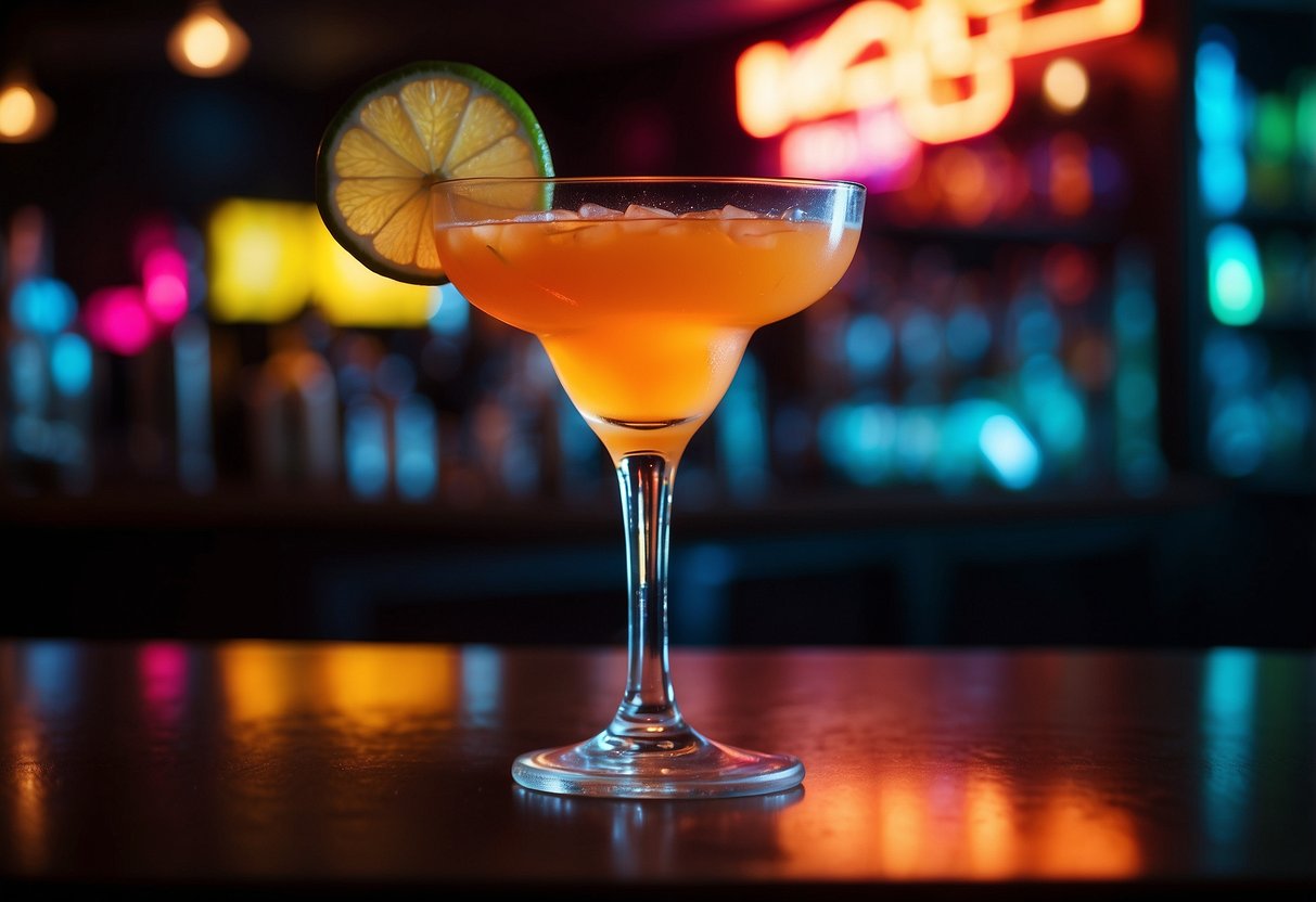 A neon cocktail sign illuminates a home bar wall, casting a colorful glow. Cocktails and glasses are depicted in bold, vibrant colors, creating a lively and inviting atmosphere