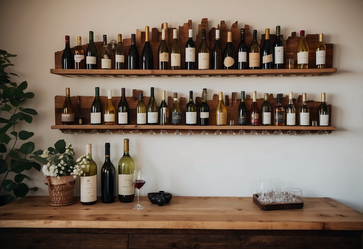 A rustic wooden wine holder is mounted on a wall, showcasing a collection of wine bottles. It is surrounded by vintage bar decor, creating a cozy and inviting atmosphere