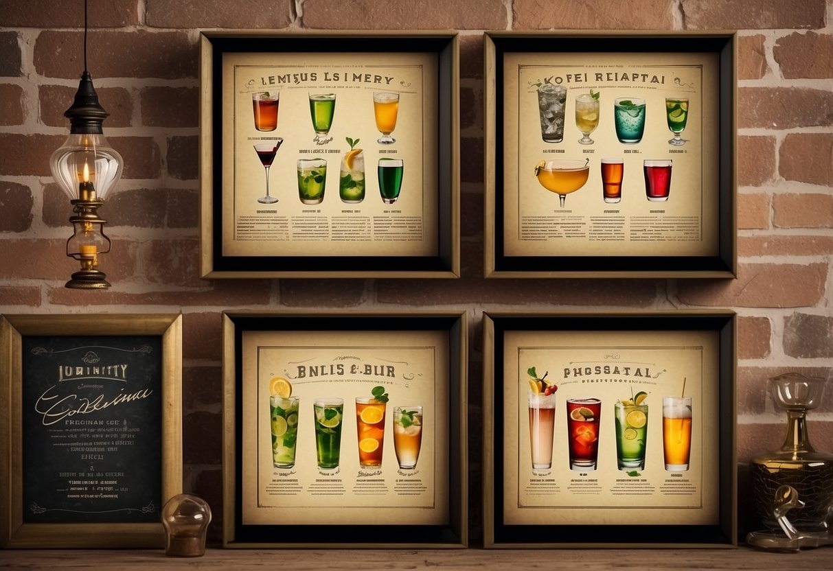 A collection of vintage cocktail recipe prints hang on the wall, framed in retro-style frames, adding a touch of nostalgia to the home bar decor