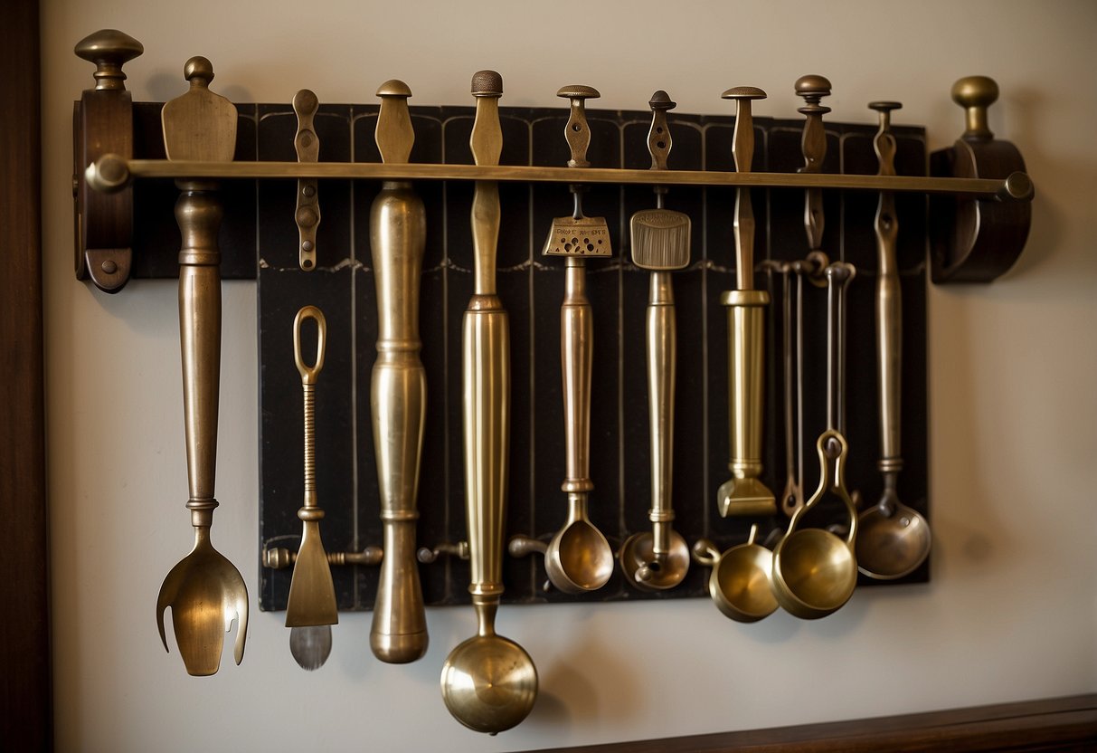 A wall display of antique brass bar tools arranged in an elegant and organized manner, adding a touch of sophistication to the home bar decor