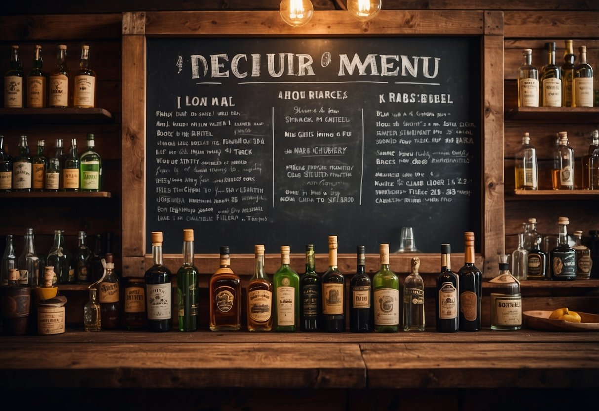 A mini chalkboard menu hangs on a rustic home bar wall, surrounded by vintage liquor bottles and bar accessories