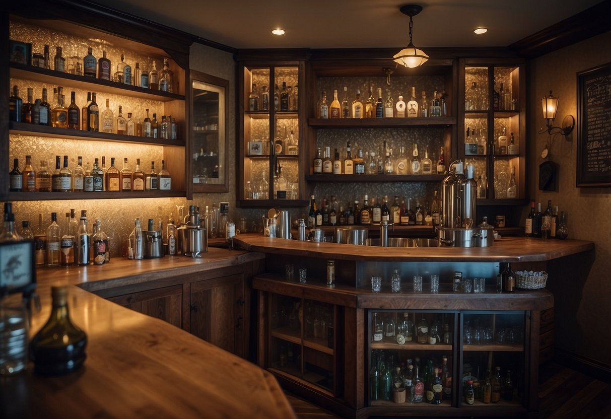 A home bar wall adorned with eclectic art pieces and personal mementos, creating a unique and inviting atmosphere